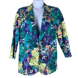 Vintage Blazer Jacket Size Medium Bold Floral Foliage Print Colorful Danielle B